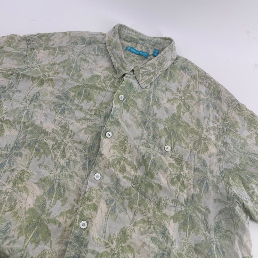 Tori Richard Mens XL Silk Linen Palm Tree Print Aloha Hawaiian Shirt Green